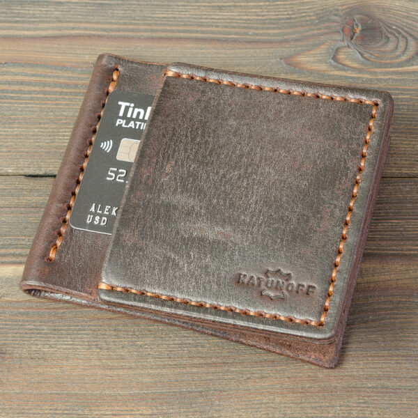 зажим для денег и карточек, темно-коричневый, натуральная кожа (кожа КРС, ременной чепрак) ручная работа Made by Katunoff