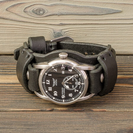 Широкий ремешок для часов Aviator с напульсником, черный, натуральная кожа, ручная работа Made by Katunoff