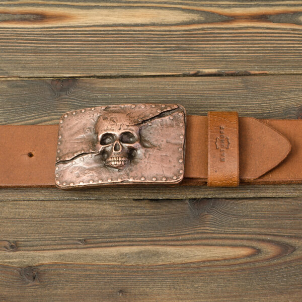 Брутальный ремень с пряжкой Череп, стяжка вощеным шнуром, натуральная кожа, ручная работа Made by Katunoff