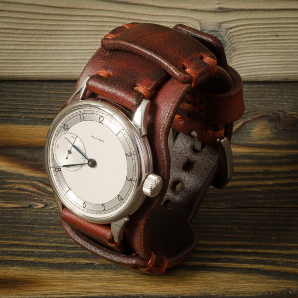 Ремешок для часов Молния из кожи растительного дубления, стяжка вощеным шнуром, пропитка восками Made by Katunoff